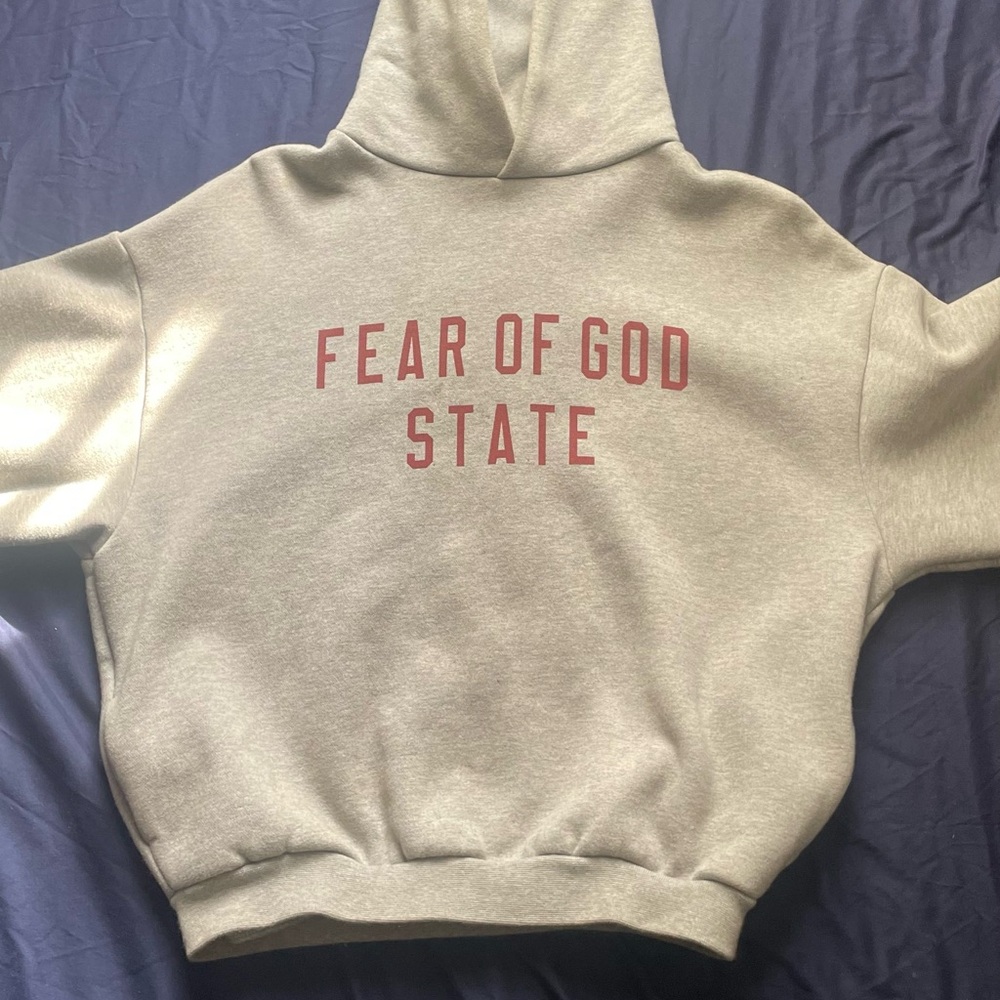 Fear of God State Hoodie in Cream with Red Lettering